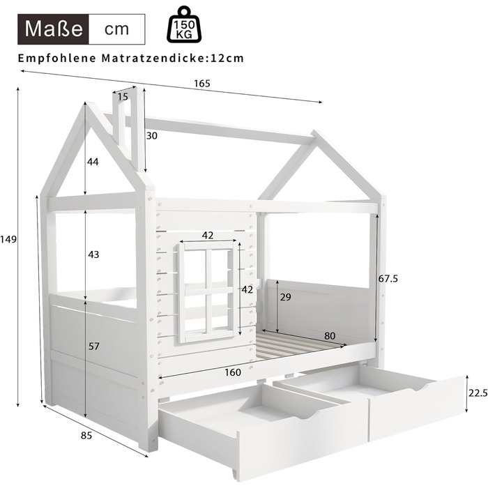 Дитяче ліжко 80x160 см з ящиками та віконцем, масивне дерев'яне ліжко з бортиками та ламелями, ліжко-будиночок для хлопчиків та дівчаток, ліжко-будиночок, ліжко для підлітків, без матраца, біле