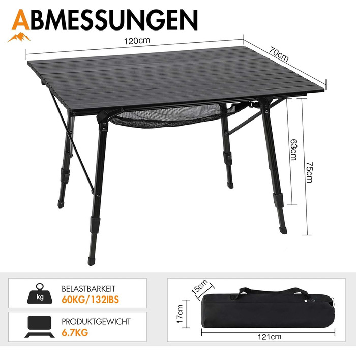 Складаний кемпінговий стіл Portal з регулюванням висоти, алюмінієвий, 120x70 см, чорний