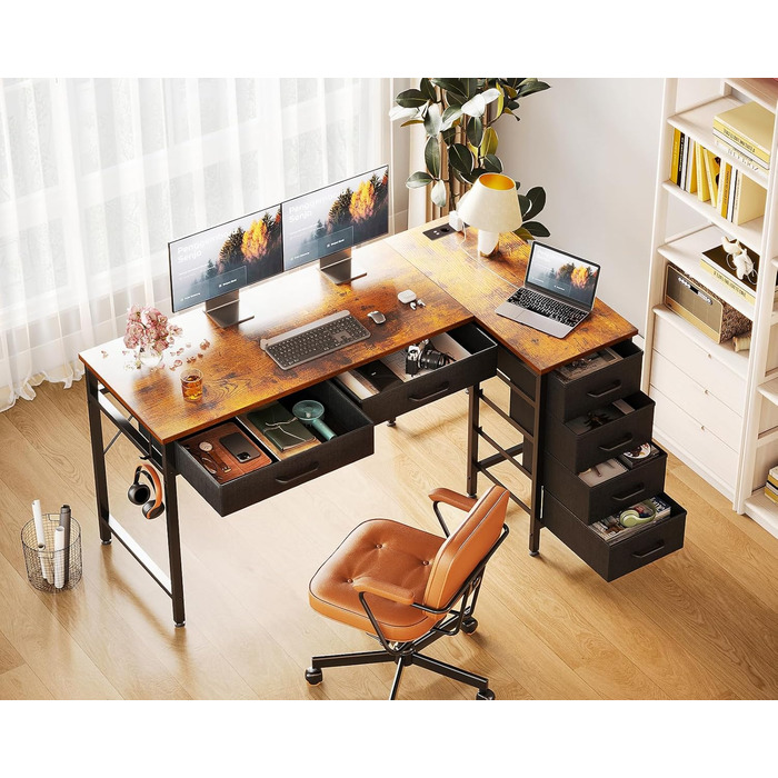 Комп'ютерний стіл Coleshome L-подібний з 6 шухлядами, білий, 126x80 см, з розеткою та гачками
