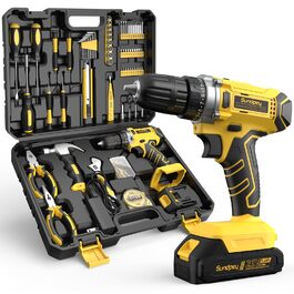 Набір інструментів Sundpey 170 предметів з акумуляторним дрилем-шуруповертом 21V, 2.0Ah, жовтий кейс для дому та ремонту