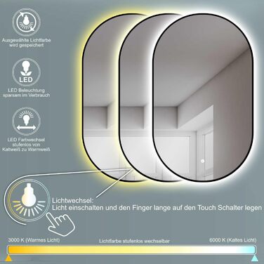 Дзеркало для ванної кімнати LED HOKO Design Turin овальне 45x75 см, чорний матовий каркас, сенсорне керування, зміна кольору світла (тепле/холодне/нейтральне)