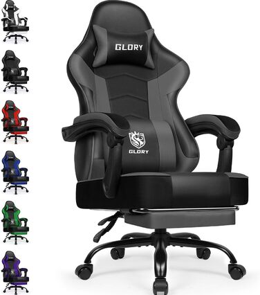 Ігровий крісло, офісне ергономічне крісло з регульованою підніжкою, з підголівником та підтримкою попереку, обертове, 150 кг, сірий