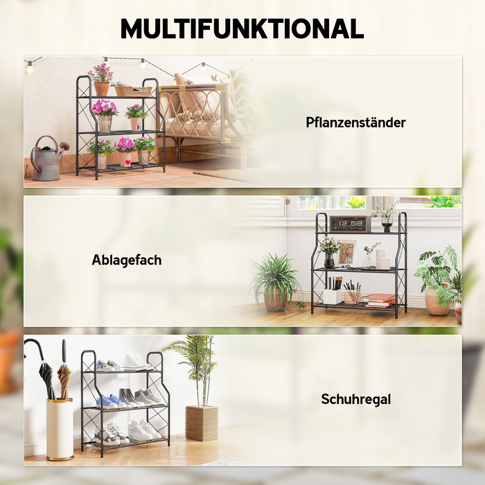 Підставка для рослин на 3 ярусах, 78 см заввишки, квіткова полиця з ручками, металева полиця для рослин чорного кольору