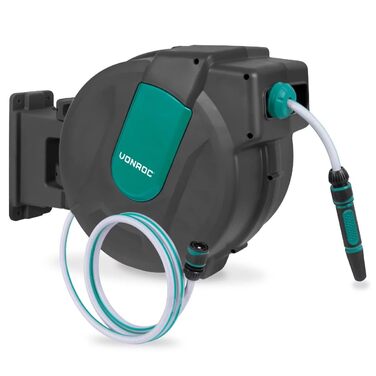 Шланг садовий VONROC 35 метрів з автоматичним згортанням та тримачем для стіни - Шланг на котушці, 180° поворот, зелений