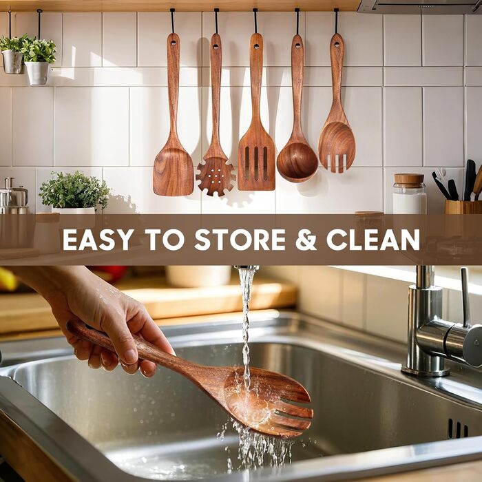 Набір кухонних аксесуарів з текового дерева (10 шт) з підставкою: лопатка, половник, шумовка, ложка для салатів, виделка для салатів