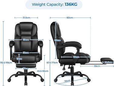 Ергономічне крісло Yaheetech для офісу, шезлонг з підставкою для ніг, комп'ютерне крісло з регульованими підлокітниками, висока спинка, регульована висота, для офісу, біле (чорне)