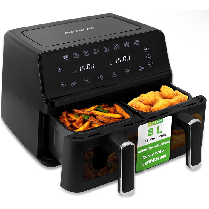 Фритюрниця NutriChef 8.3L з 2 відсіками, з подвійним нагріванням, з оглядовим вікном, 9 програм, до 360°C, антипригарне покриття, для смаження без олії, компактна та безпечна