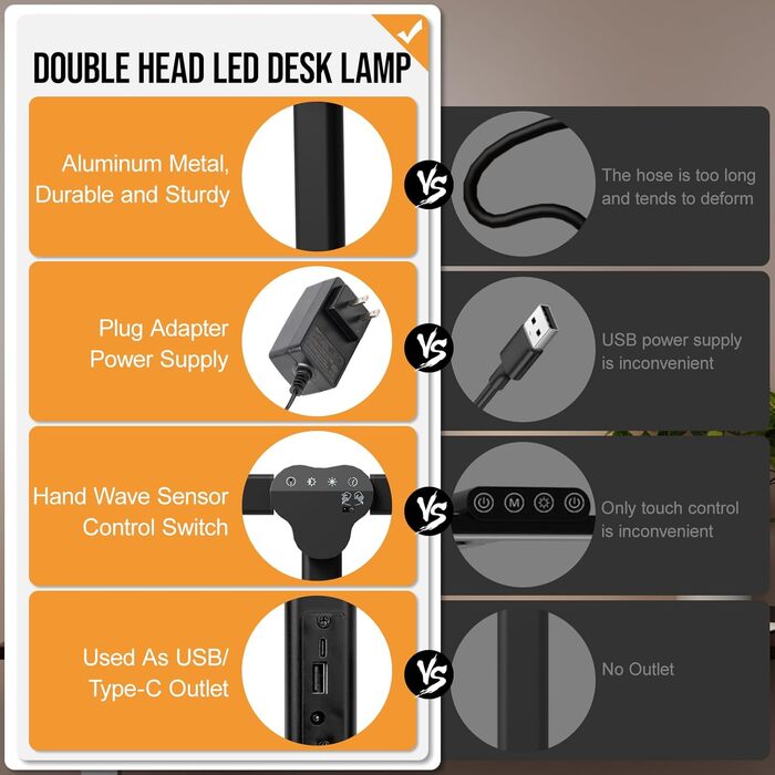 Настільна лампа Nulmvic LED Clamp, з регулюванням яскравості, 3 кольори, 10 рівнів, гнучка, чорна, 76см