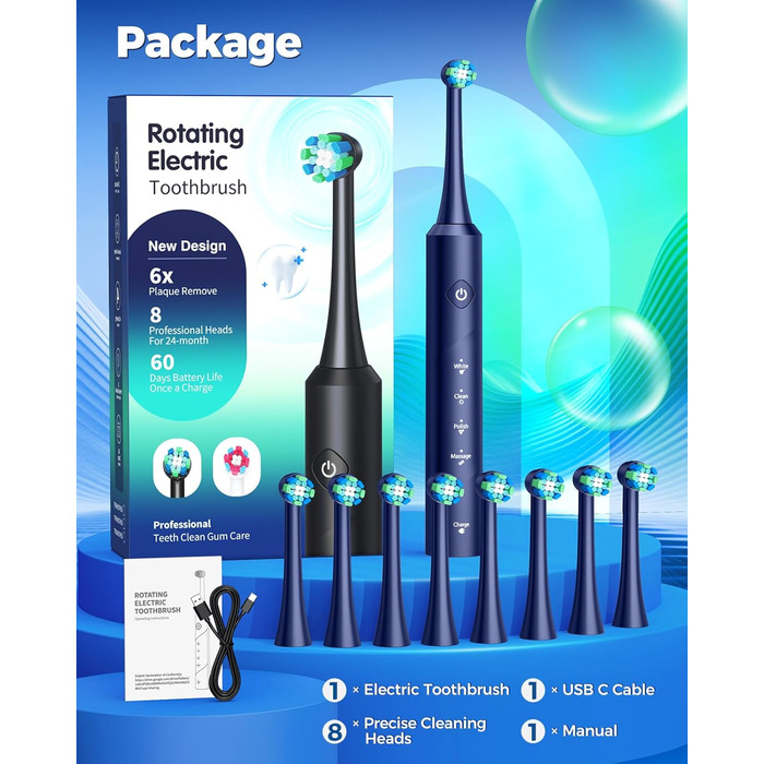 Електрична зубна щітка для дорослих Rotierende з 8 насадками, 4 режимами чищення, акумулятор до 60 днів, таймер 2 хв - професійна, блакитна