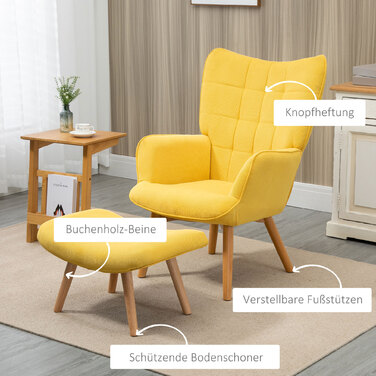 Крісло для відпочинку HOMCOM Recliner Крісло-крило з табуретом жовтого кольору, крісло з дерев'яними ніжками, вельвет Look для зручного сидіння
