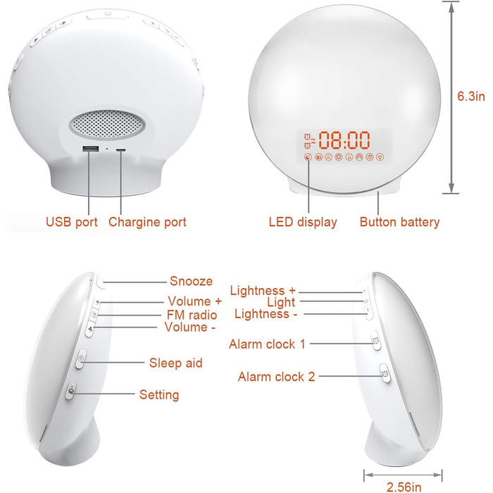 Будильник Cadrim з імітацією сходу сонця та заходу сонця, радіо, 7 природних звуків, FM-радіо, функція повтору, для дорослих та дітей, жовтий