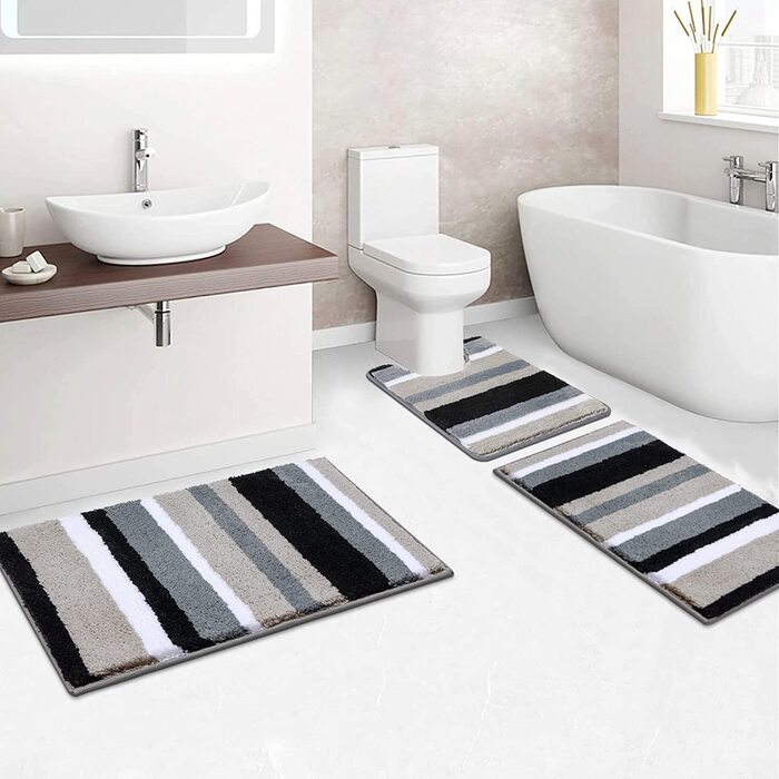 Набір килимків для ванної кімнати Pauwer: 3 шт. з мікрофібри, антиковзаючі, швидковисихаючі, для душу, ванни та туалету (Чорний). Розміри: 50x80 см + 45x65 см + 50x60 см