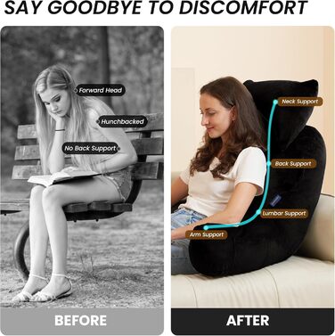 Підкова для читання з підголовником, м'яке спинне крісло з підлокітниками та кишенями для дорослих, зручне ліжко з піною з пам'яті для гуртожитку (Чорний, Преміум Великий)