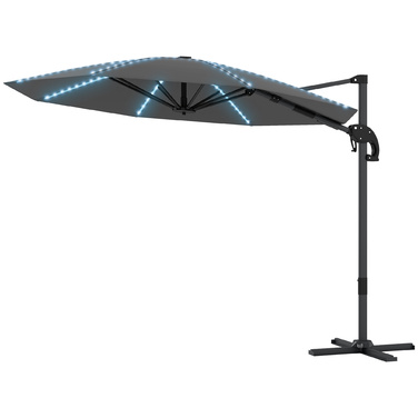Outsunny Alu Centilever Parasol LED Solar Ø300 см регульована по висоті парасолька з кривошипною підставкою UV50+ Водовідштовхувальний ринок Обертовий ринок на 360° Нахилена садова парасолька Сонцезахисний захист для саду Балкон Темно-сірий