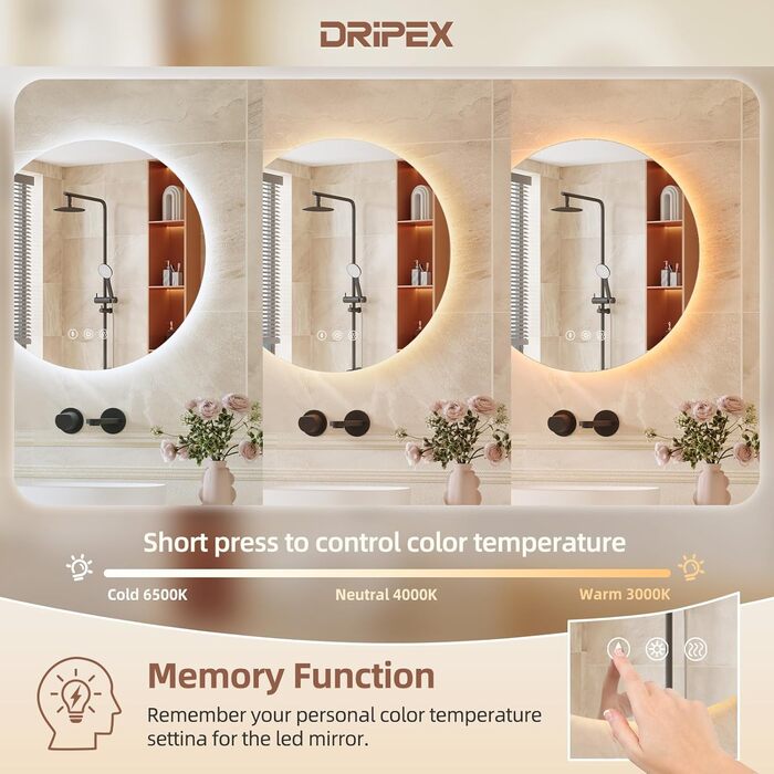 Дзеркало для ванної кімнати Dripex з LED-підсвічуванням, сенсорне керування, регулювання яскравості, 3 кольори світла, антизапар, 80x80 см (кругле, 50x50 см)