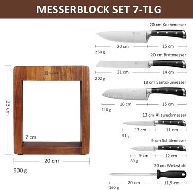 Набір ножів Paudin 7 предметів з дерев'яним блоком: кухонні ножі з нержавіючої сталі та ABS ручками