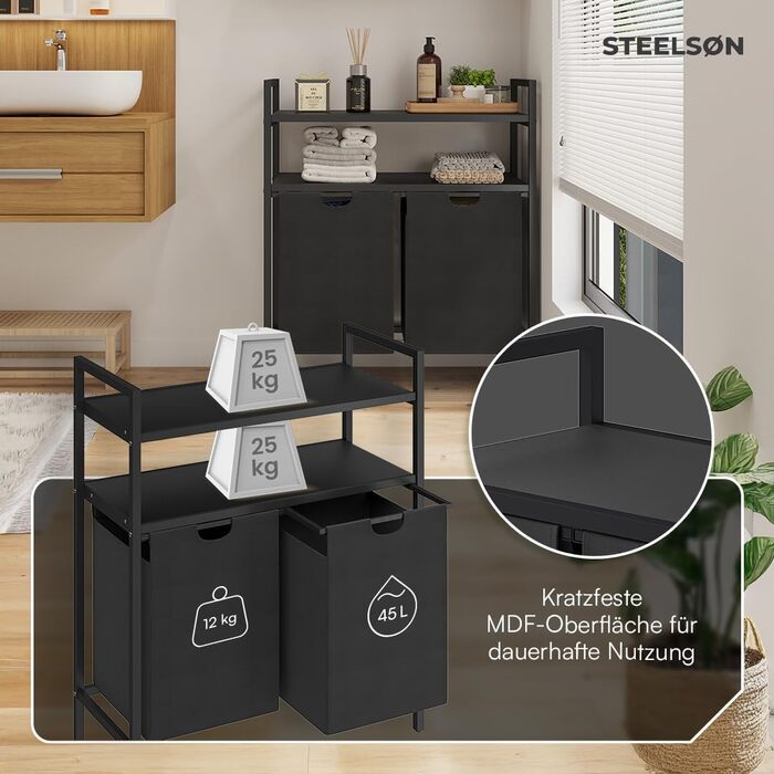 STEELSØN Rigil Кошик для білизни з 2 відділеннями та полицею з бамбука – 2 кошики по 45 л, чорний – металевий сортер для білизни з висувними мішками