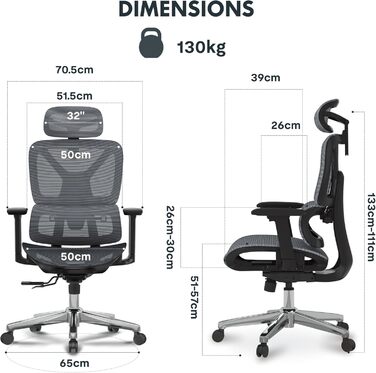 Органічний офісний стіл FLEXISPOT ErgoX: ергономічний крісло з 3D підлокітниками, 3D-підголівником, 5D-регулюванням спинки, дихаюча сітка, до 130 кг, темно-сірий