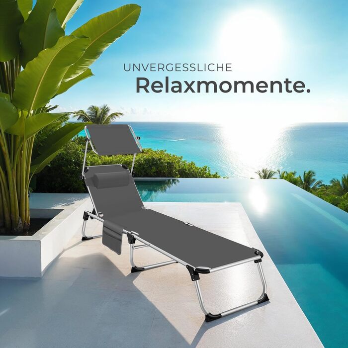 Шезлонг Tectake з дахом, балконний шезлонг з алюмінію, складний садовий шезлонг, стійкий до погодних умов, шезлонг для саду, кемпінгу та пляжу, регульована спинка, подушка для голови, бічна кишеня - сірий меланж (сірий)