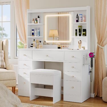 Туалетний столик YITAHOME з підсвічуванням та дзеркалом, з пуфом, 4 шухляди, відкриті полиці, чорний (білий, 9 шухляд)