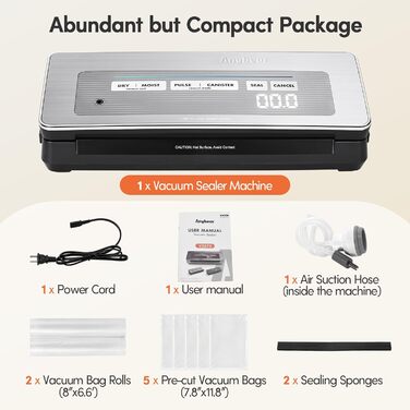 Вакууматор для продуктів сріблястий, 100 Вт, 90 кПа, з вбудованим різачем та цифровим таймером, комплект з 2 рулонами