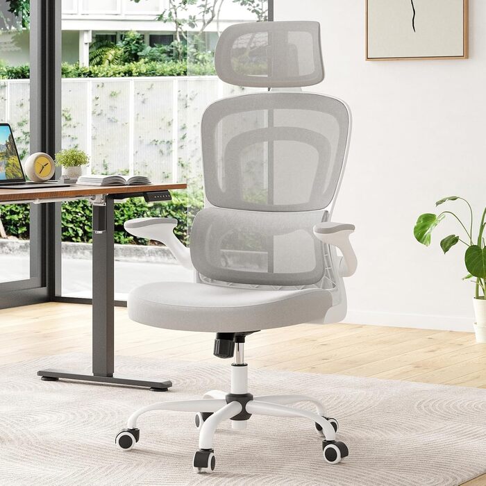 Ергономічне крісло Farini для офісу та дому: регульоване, з підголівником, сіро-біле. Крісло для комп'ютера, керівника, home office.