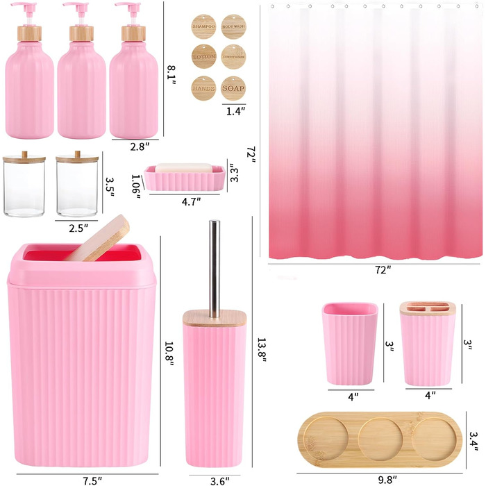 Набір для ванної кімнати 17 предметів: аксесуари для ванної, мийка, диспенсер для миючого засобу, тримач для зубних щіток, 6 дерев'яних гачків, аксесуари для кухні та ванної кімнати (Рожевий 1, Набір для ванної + штора для душу)