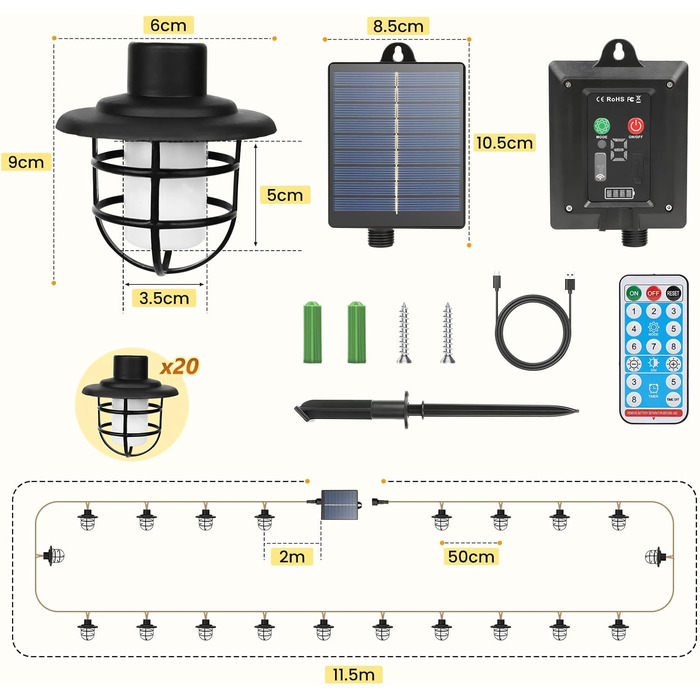 Ліхтарі на відкритому повітрі, 20 лампочок, 7.7 м, пульт дистанційного керування, таймер, стійкий до погодних умов, ретро/великий