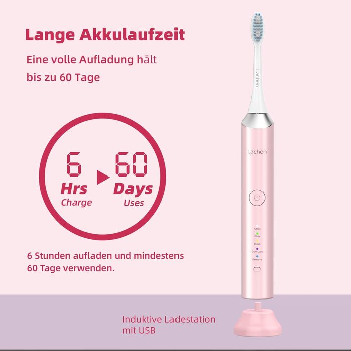 Електрична звукова зубна щітка Läschen, 5 режимів, з чохлом для подорожей, 4 насадки, USB-зарядка на 60 днів, таймер, IPX7 водонепроникність, рожева