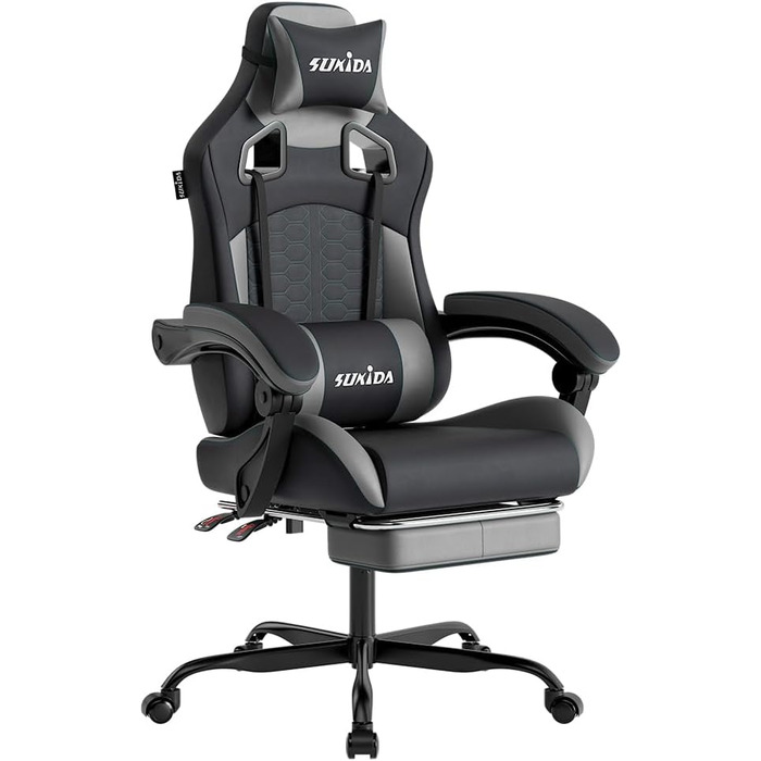 Ігровий крісло SUKIDA з підніжкою, ергономічний, для геймінгу та офісу, сірий