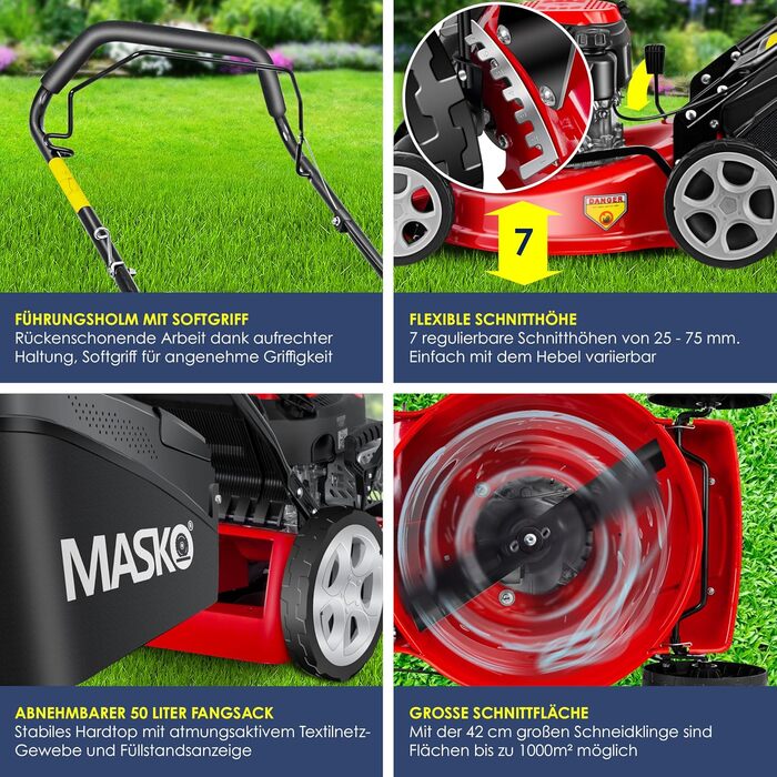 Бензиновий газонокосарка MASKO® 5in1 | Ширина косіння 51 см | 8 положень висоти стрижки | 4-тактний OHV двигун 6.0 PS | Об'єм кошика 65 л | В комплекті: комплект для мульчування, боковий викид (ширина 42 см)