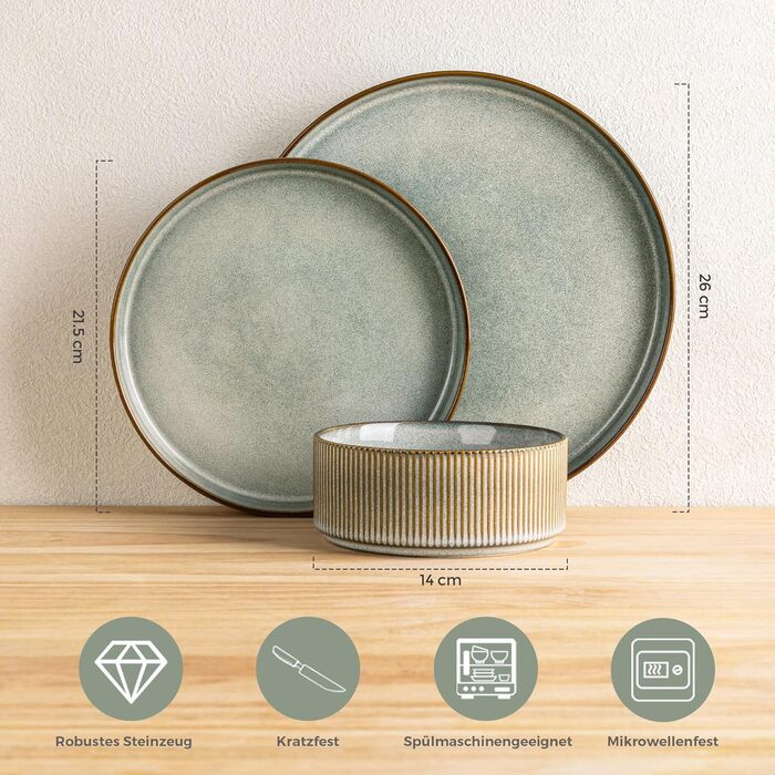 Набір посуду GBhome з 12 предметів для 4 осіб (кераміка, ручне лиття, реактивна глазур)