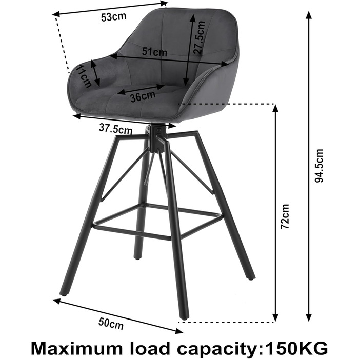 Барні стільці WOLTU, набір з 2 шт. , поворотні, зі спинкою, м'які, оксамит, метал, темно-сірий