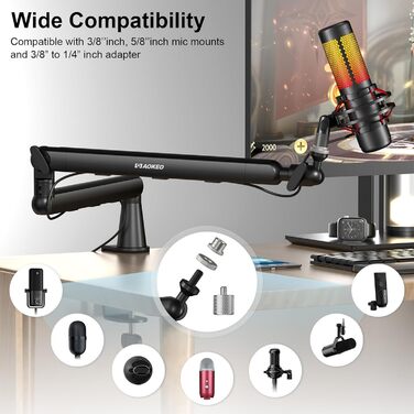 Мікрофонний стійкий тримач Aokeo AK-55 для столу, низькопрофільний, регульований, сумісний з Aokeo Yeti, Snowball iCE, HyperX QuadCast, SoloCast, Elgato Wave (Чорний)
