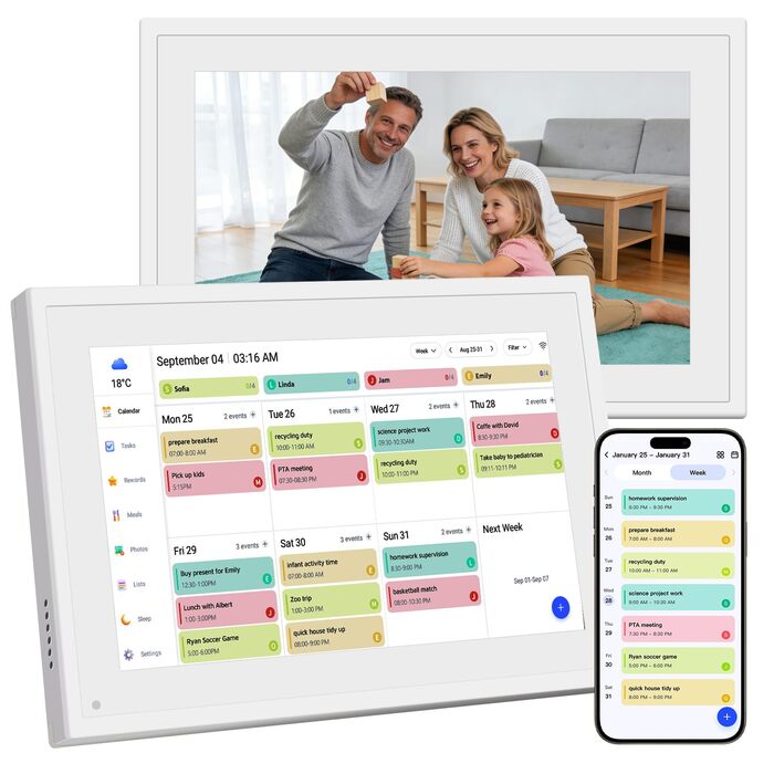Цифрова фоторамка Frameo 10.1 дюймів WLAN, Full HD IPS сенсорний екран 1280x800, 32ГБ пам'ять, автоматичний поворот, можливість монтажу на стіну, керування через додаток Frameo (Білий)