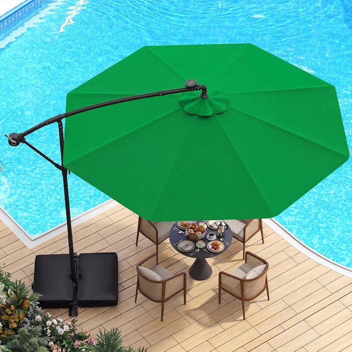 Садова парасолька COSTWAY 300 см з підставкою та LED-підсвіткою, підвісна парасолька-амбрела з ручкою, захист від UV, для тераси, басейну та двору, бежевий/зелений