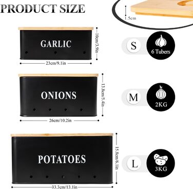 Набір контейнерів для зберігання картоплі, цибулі та часнику [3 шт] з бамбуковим кришками | З вентиляцією та захистом від світла | Чорний