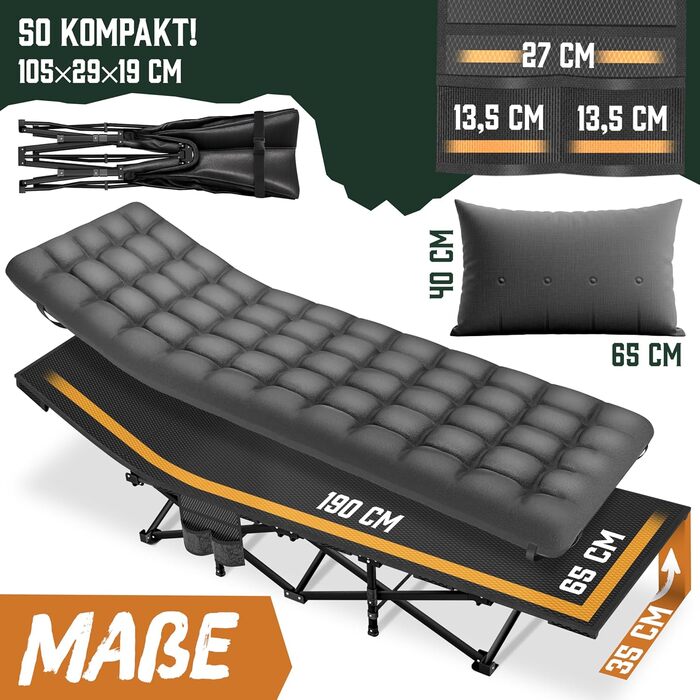Складане розкладне ліжко ELONEO NEU для кемпінгу та подорожей з преміум-матрацом, витримує до 200 кг, з сумкою для перенесення, антрацит