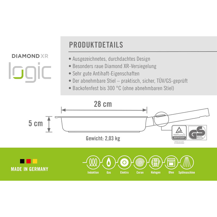 Сковорода Woll Diamond Logic XR Pro, Ø 28 см, 5 см, знімний ручка, індукційна, антипригарне покриття, для всіх плит, чорна