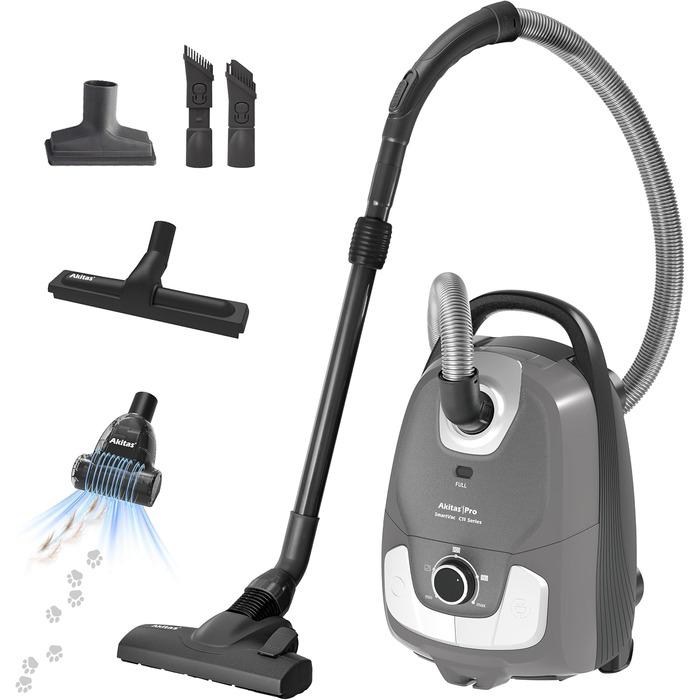 Пилсос Akitas 900W з мішком – мережевий кабель 7 м, радіус дії 10 м, тиха робота 70 дБ, додаткова насадка для підлоги, регульована потужність, велика ємність, для твердих підлог та килимів (C11 Trubo)