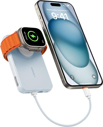 Вт PD, 10000 мАг, вбудований кабель Apple, зарядка Apple Watch, 2 шт. USB-C, синій, 20