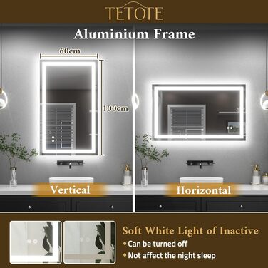 Дзеркало для ванної кімнати TETOTE з підсвічуванням 90x90 см, без рами, LED-touch, 3 кольори, регулювання яскравості, пам'ять (60x100 см)