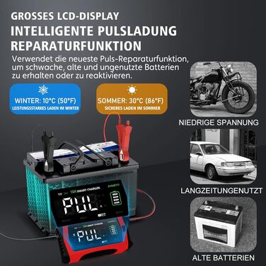 Інтелектуальне зарядне пристрій для акумулятора Haibito 12V/24V 10A з LCD-дисплеєм, для автомобіля