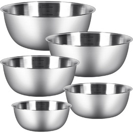 Набір місок для перемішування [5 шт] з нержавіючої сталі, 5 розмірів (0.7 л/ 1.2 л/ 1.8 л/ 2.5 л/ 3.5 л), придатні для миття в посудомийній машині. Салатниці, контейнери для перекусів та миски