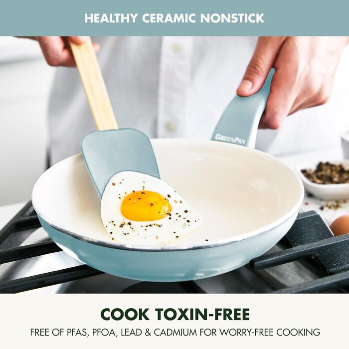 GreenPan Dover Сковорода з лопаткою, антипригарне покриття Ceramic, нетоксична, без PFAS, для яєць та омлетів, безпечна для миття в посудомийній машині та духовці, холодна ручка, легке виливання, блакитний дим, діаметр 20 см