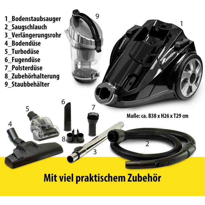 Пилголом Carrera чорного кольору: пилосос циклонного типу, з кабелем, компактний, 800W, HEPA-фільтр, висока потужність всмоктування