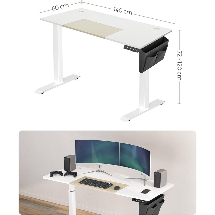 Електричний письмовий стіл, 60x140x(72-120)см, безступінчасте регулювання, функція пам'яті, 4 висоти, базовий біло-бежевий