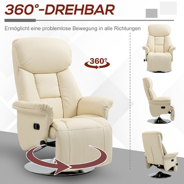 Крісло-релакс з регульованим нахилом, з імітацією шкіри, підставкою для ніг, з ваговим лімітом до 150 кг, розміром 78 x 80 x 109 см, колір - кремовий.