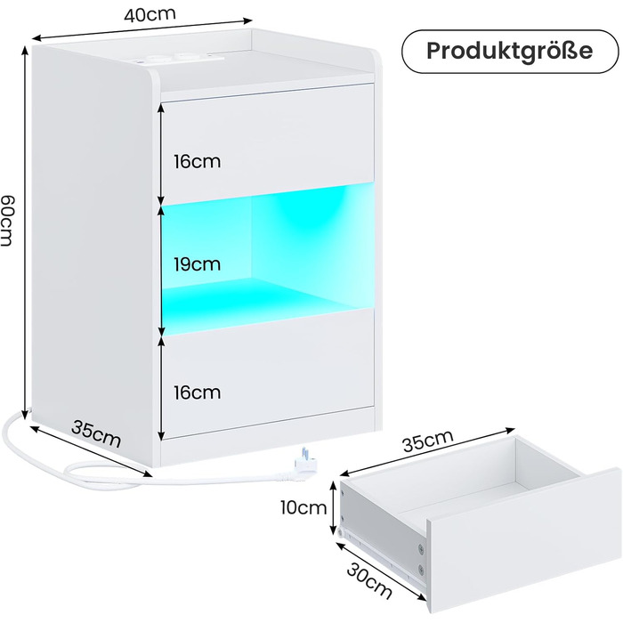 Нічний столик AOGLLATI з LED-підсвічуванням та зарядкою, 2 шухляди та полиця, білий (40x35x60 см)