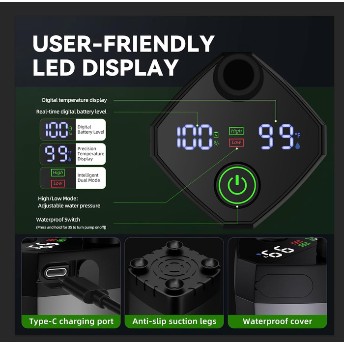 Портативна кемпінгова душа InkTrail з нагріванням, 6000 mAh, 4 режими розпилення, водонепроникна IPX7, для кемпінгу, подорожей, авто, домашніх тварин